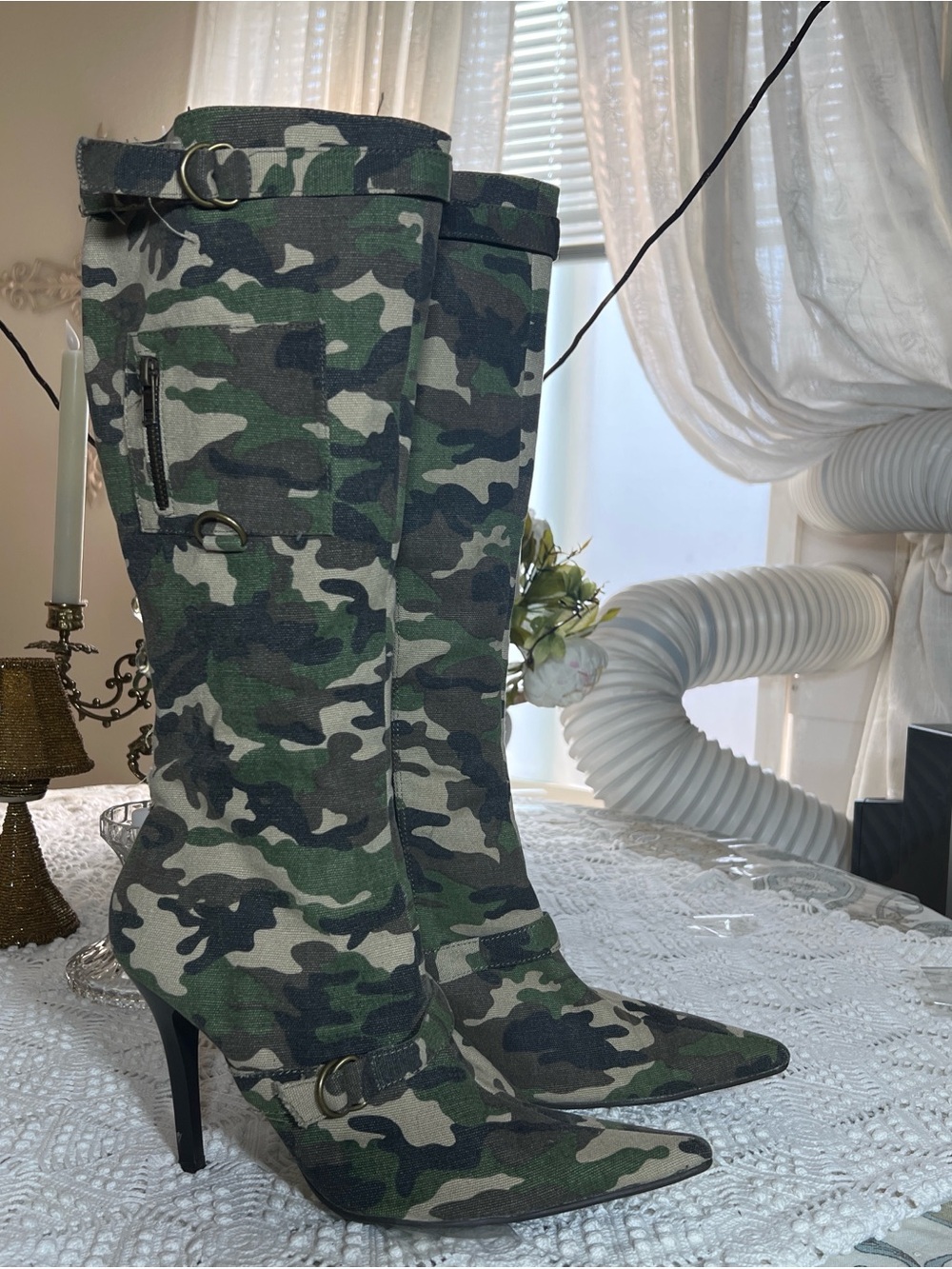 Vintage Camouflage Knee-High Stiletto Boots